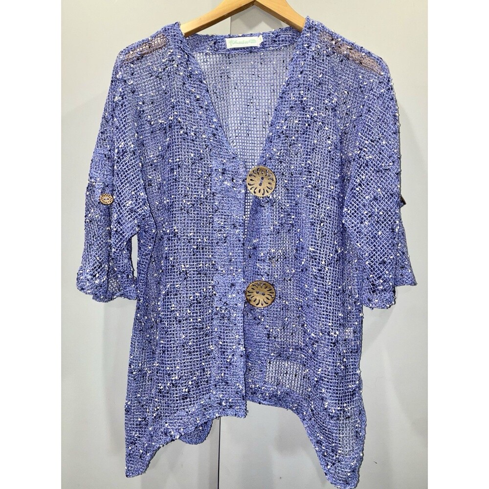 Lulu-B Open Knit Blue Fishnet Cardigan Y2K Fairy Wood Button Asymmetrical Boho M